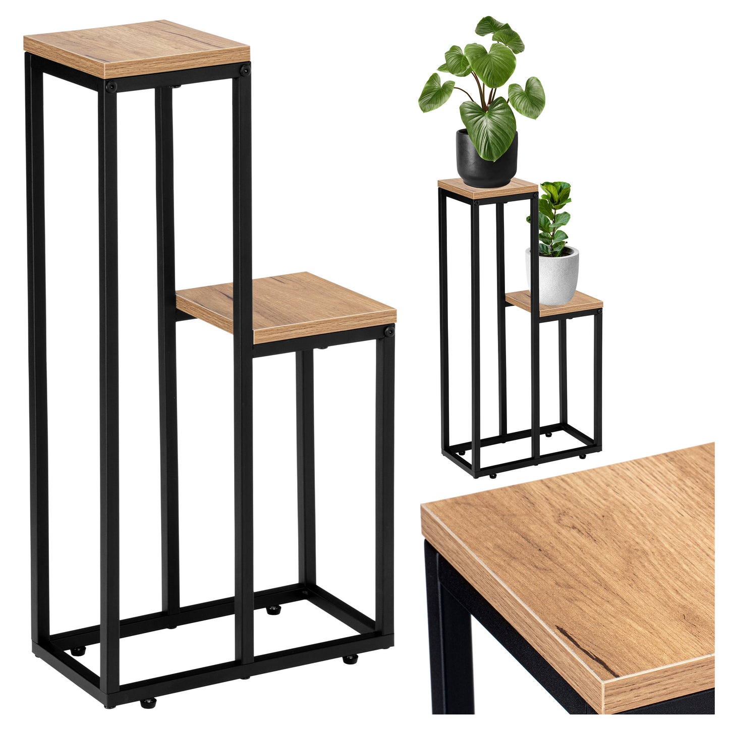 Blumenständer mit 2 Ablagen – Pflanzenregal mit schwarzem Metallgestell