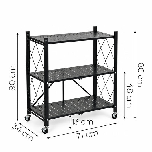 Maße: Klappregal aus Stahl auf Rollen, Schwarz – 3 Böden – 90 cm