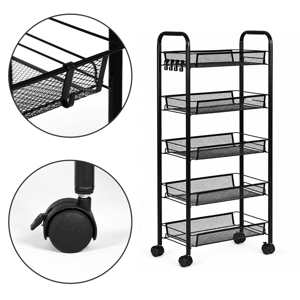 Rollwagen mit Ablagekörben und Haken, Schwarz – 5 Körbe – 103 cm