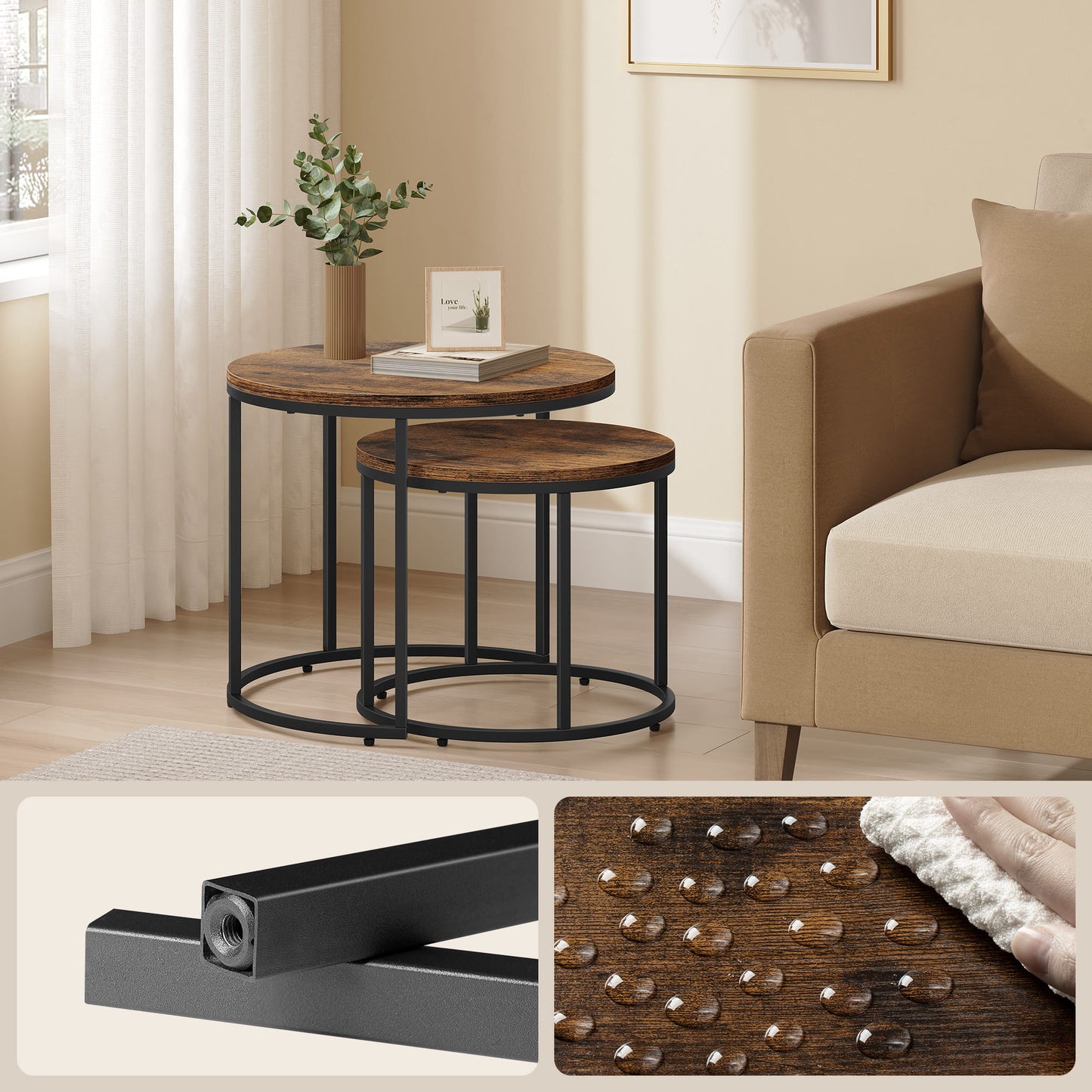 2er Set Couchtische rund – moderner Wohnzimmertisch mit Metallgestell