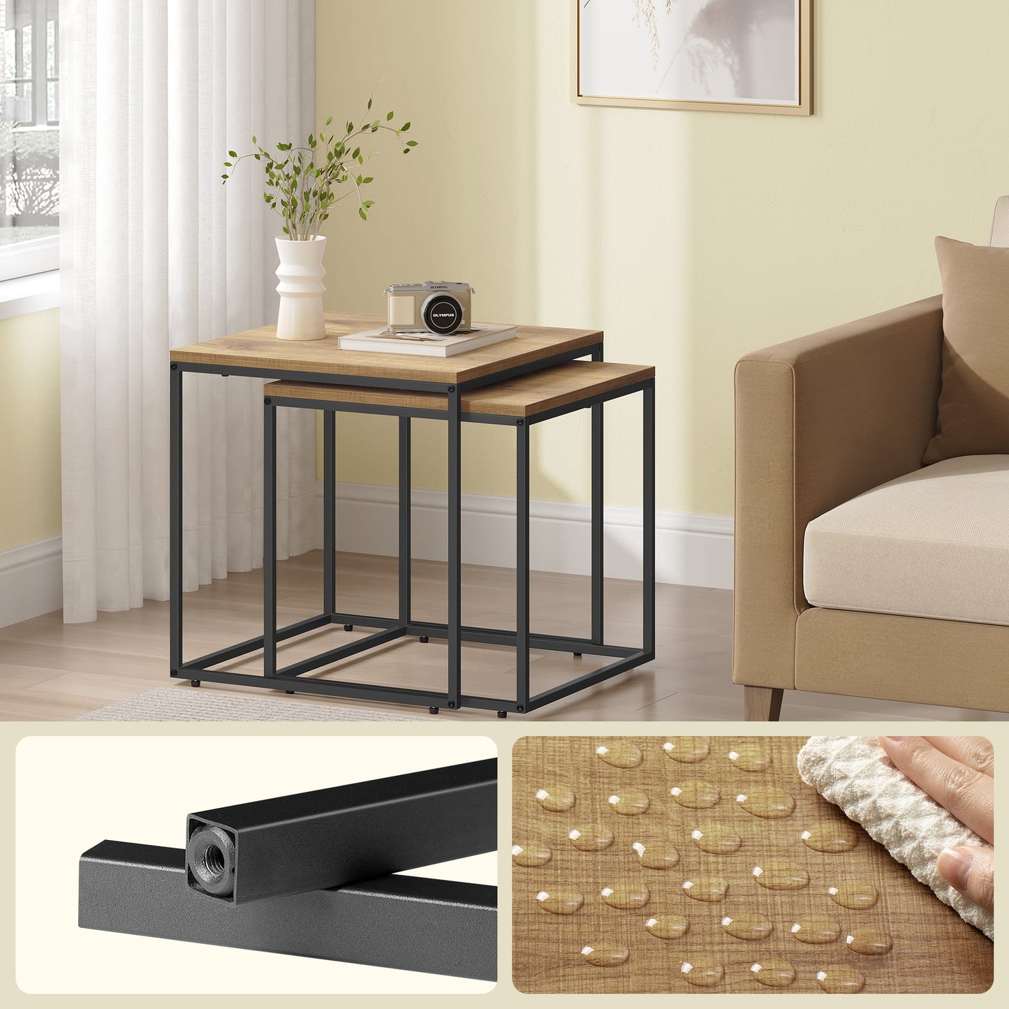 2er Set Couchtische quadratisch – moderner Wohnzimmertisch mit Metallgestell
