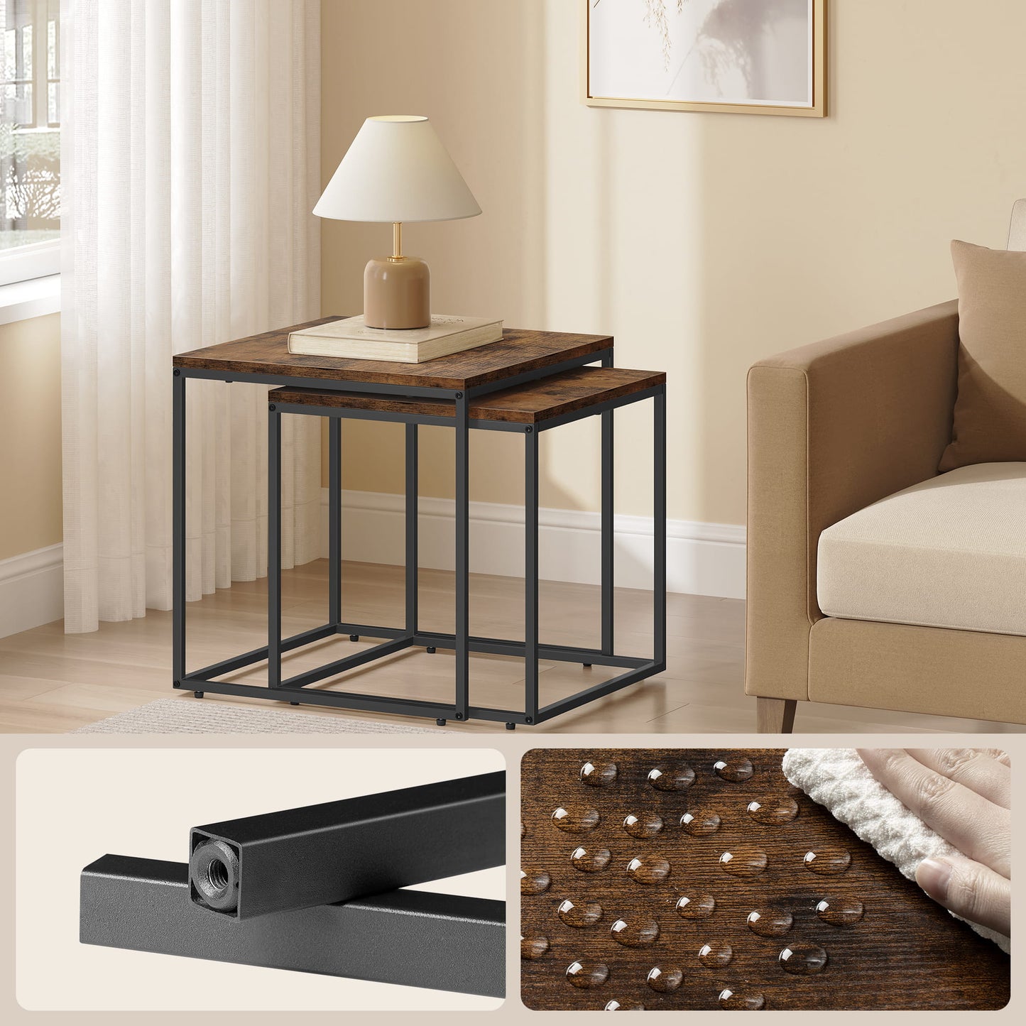 2er Set Couchtische quadratisch – moderner Wohnzimmertisch mit Metallgestell