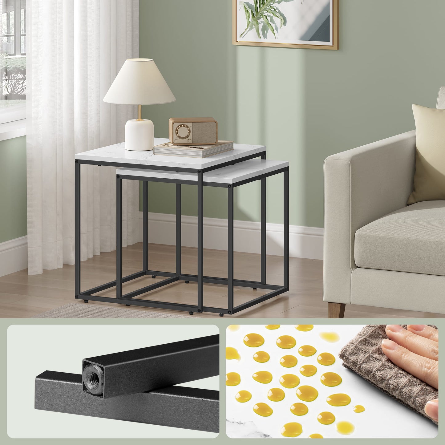 2er Set Couchtische quadratisch – moderner Wohnzimmertisch mit Metallgestell