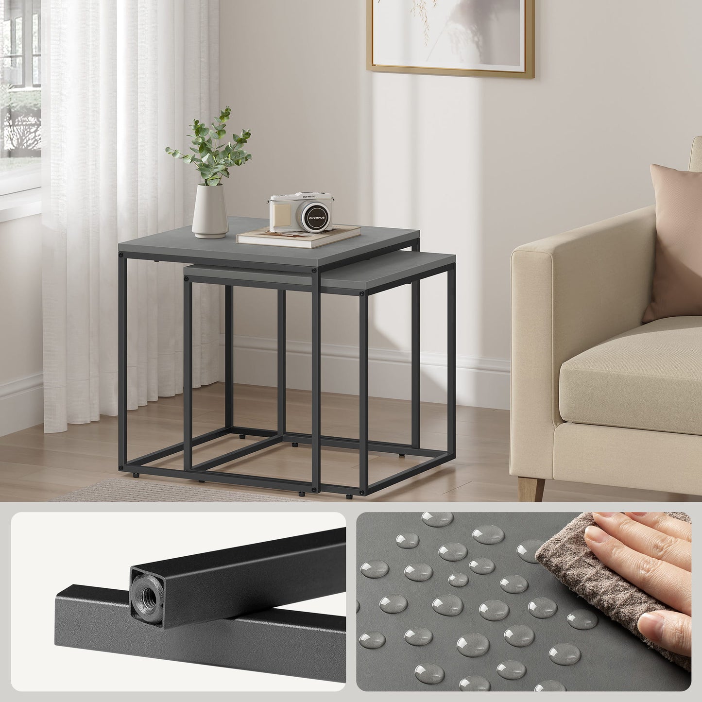 2er Set Couchtische quadratisch – moderner Wohnzimmertisch mit Metallgestell