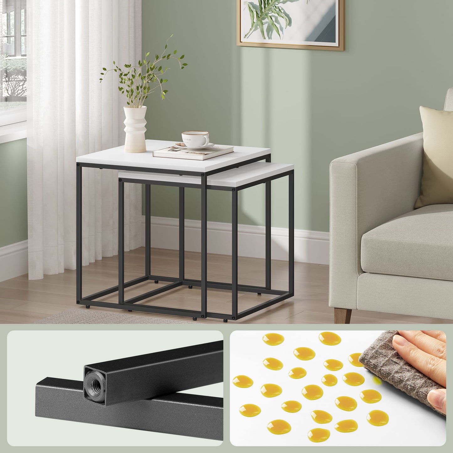 2er Set Couchtische quadratisch – moderner Wohnzimmertisch mit Metallgestell