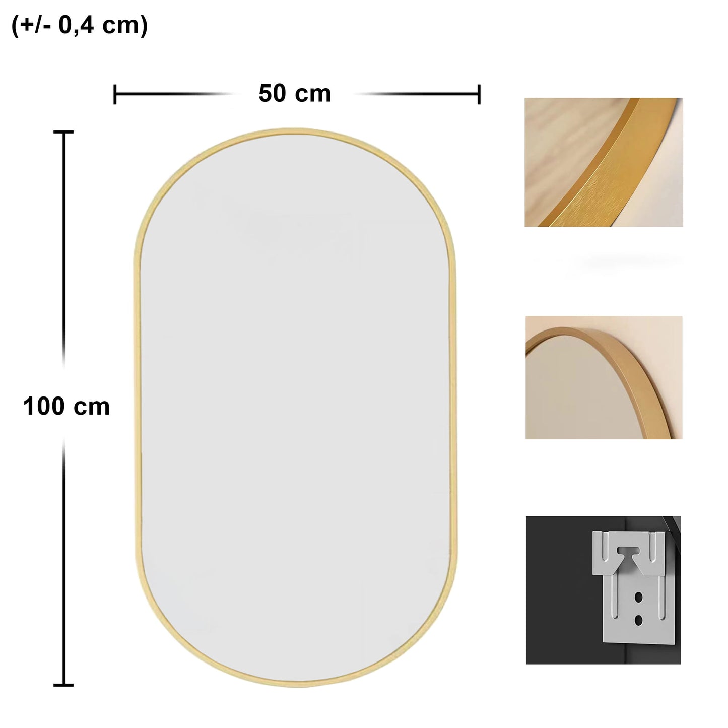Ovaler Wandspiegel mit Aluminiumrahmen – Gold oder Schwarz, 80×40 cm / 100×50 cm