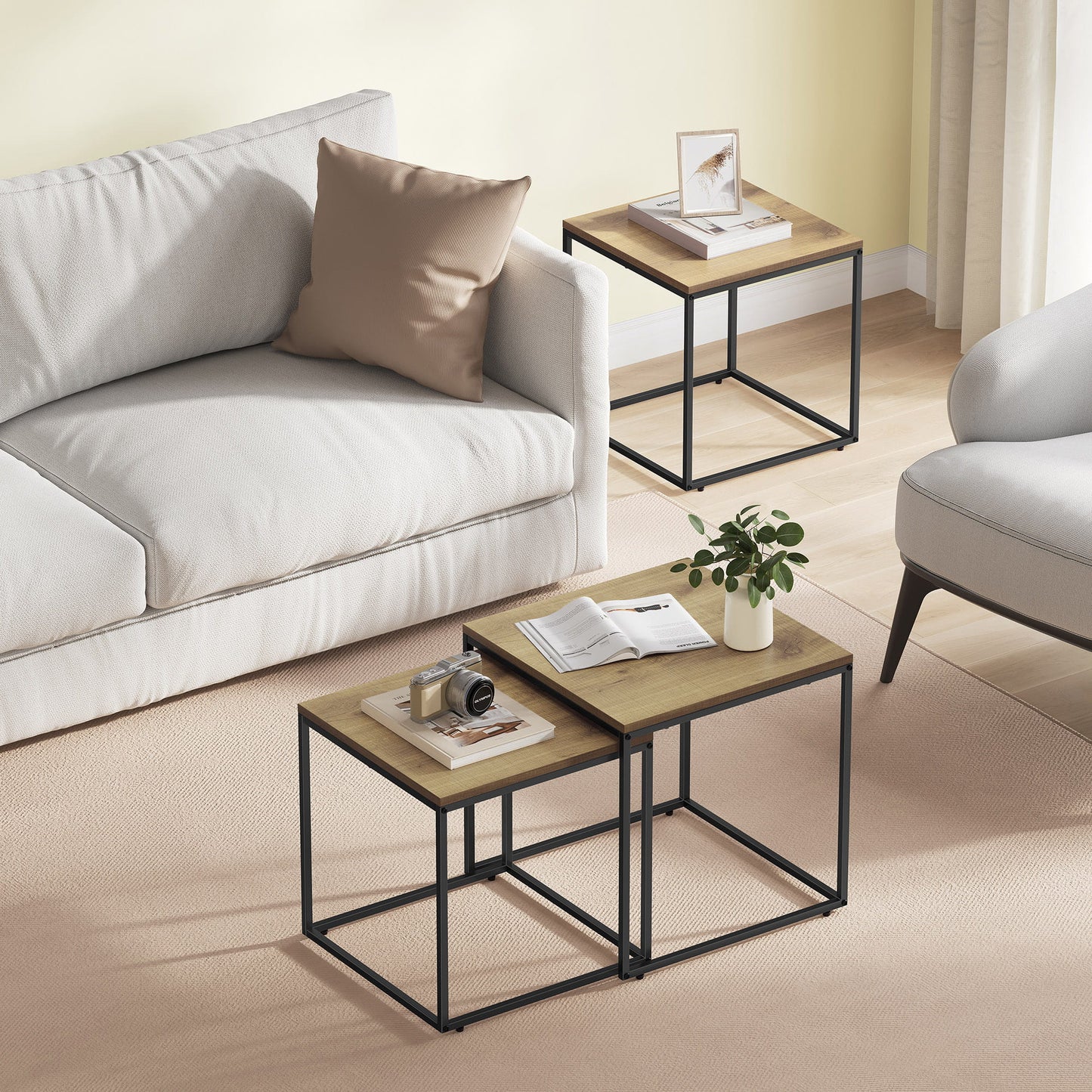 2er Set Couchtische quadratisch – moderner Wohnzimmertisch mit Metallgestell