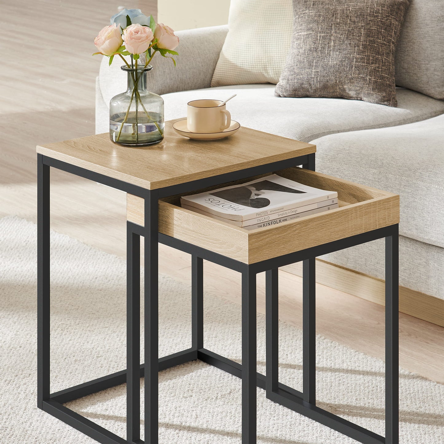 2er Set Couchtische – moderner Wohnzimmertisch mit Stahlgestell