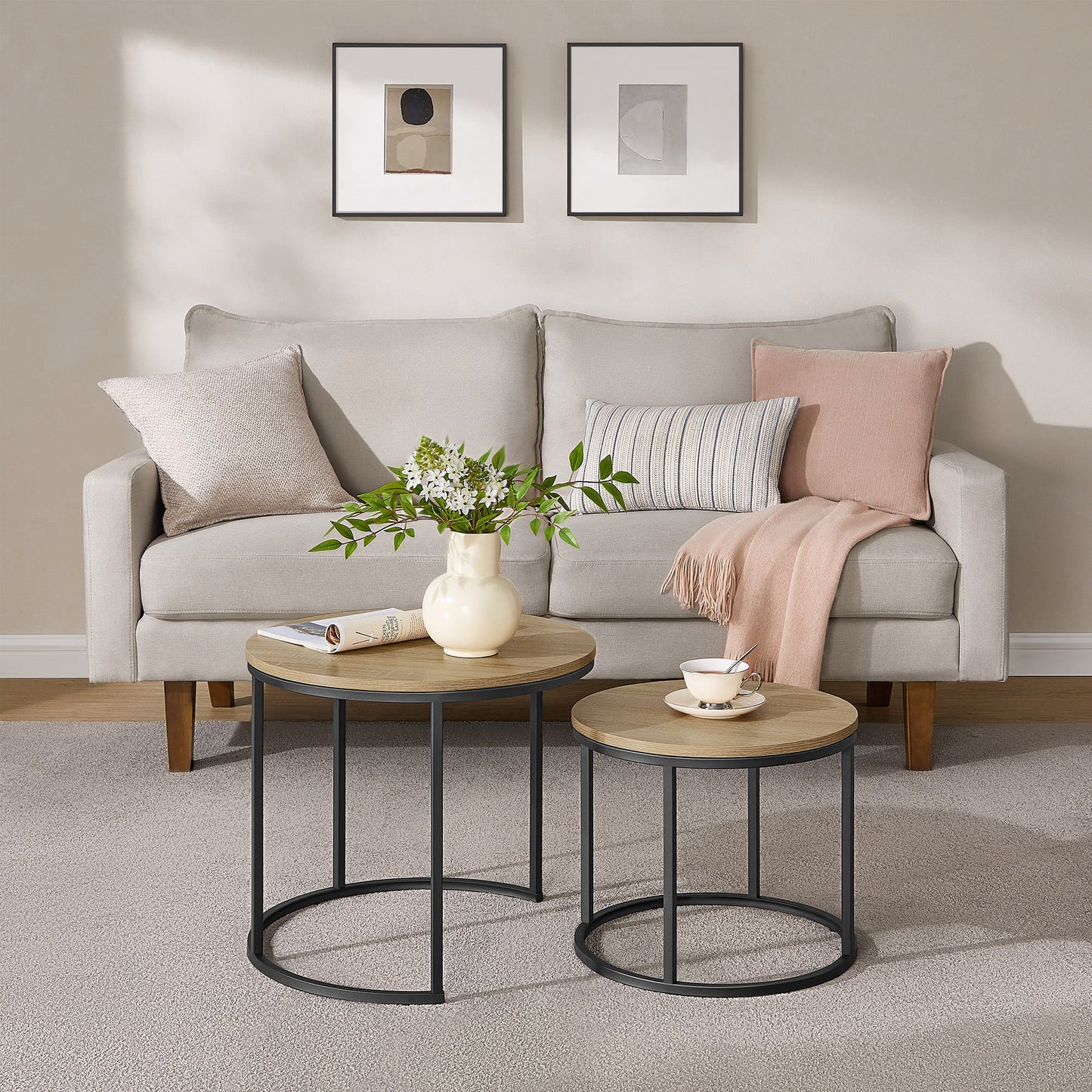 2er Set Couchtische rund – moderner Wohnzimmertisch mit Metallgestell