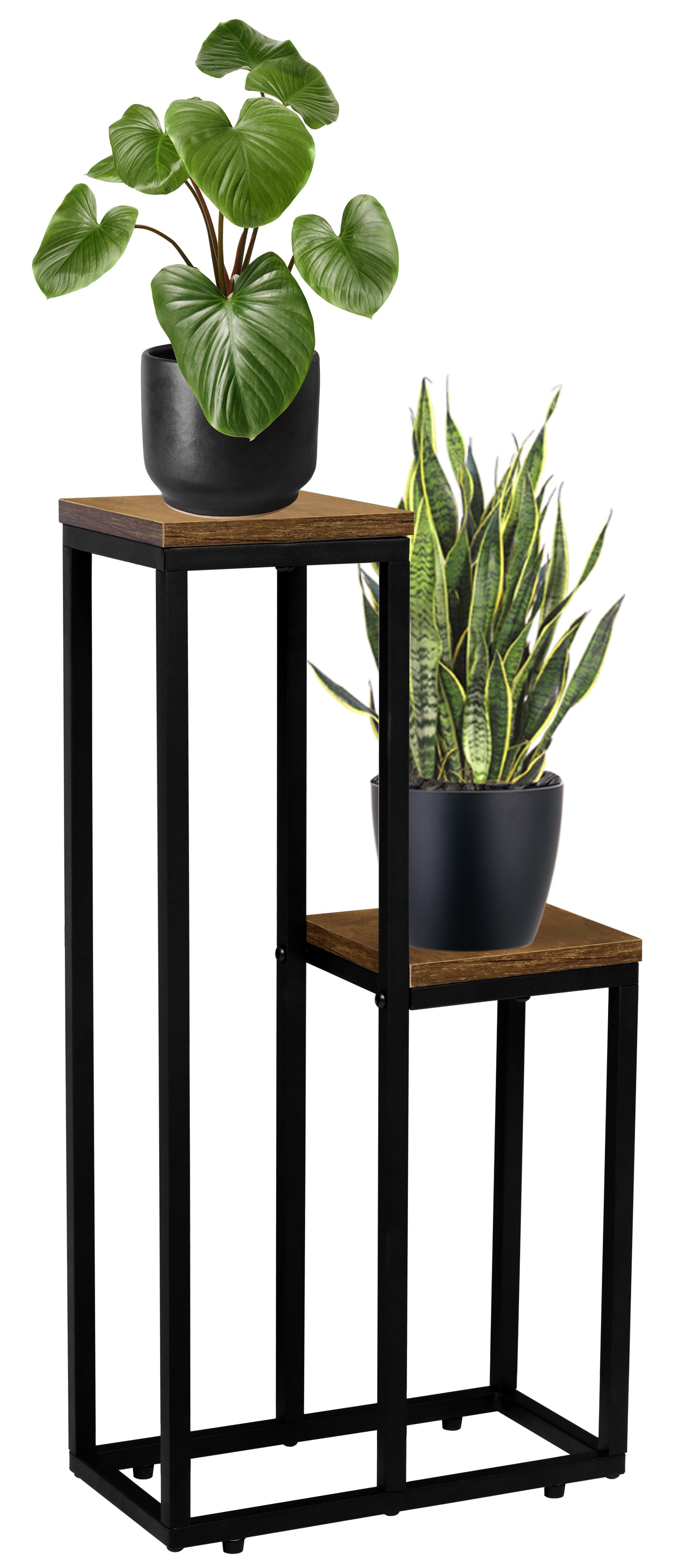 Blumenständer mit 2 Ablagen – Pflanzenregal mit schwarzem Metallgestell