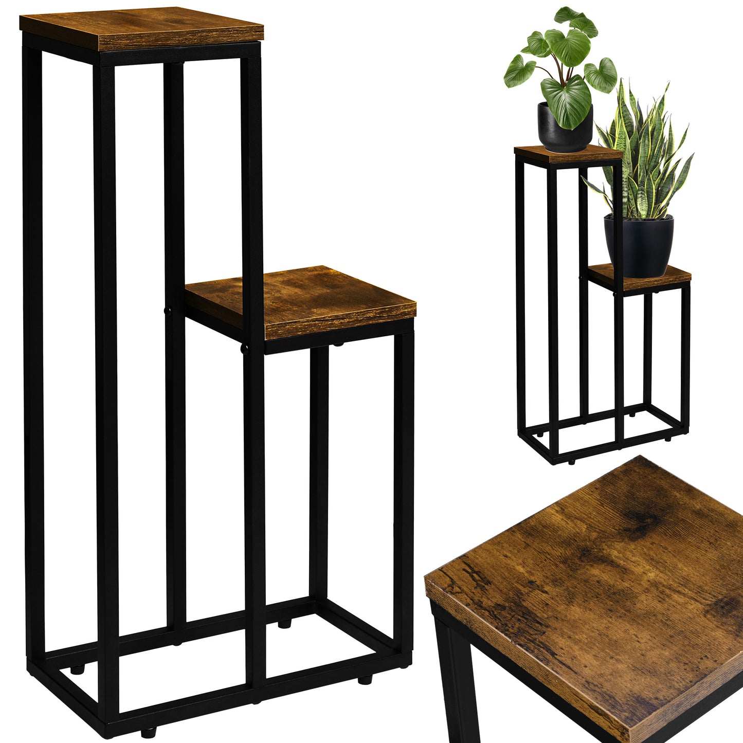 Blumenständer mit 2 Ablagen – Pflanzenregal mit schwarzem Metallgestell