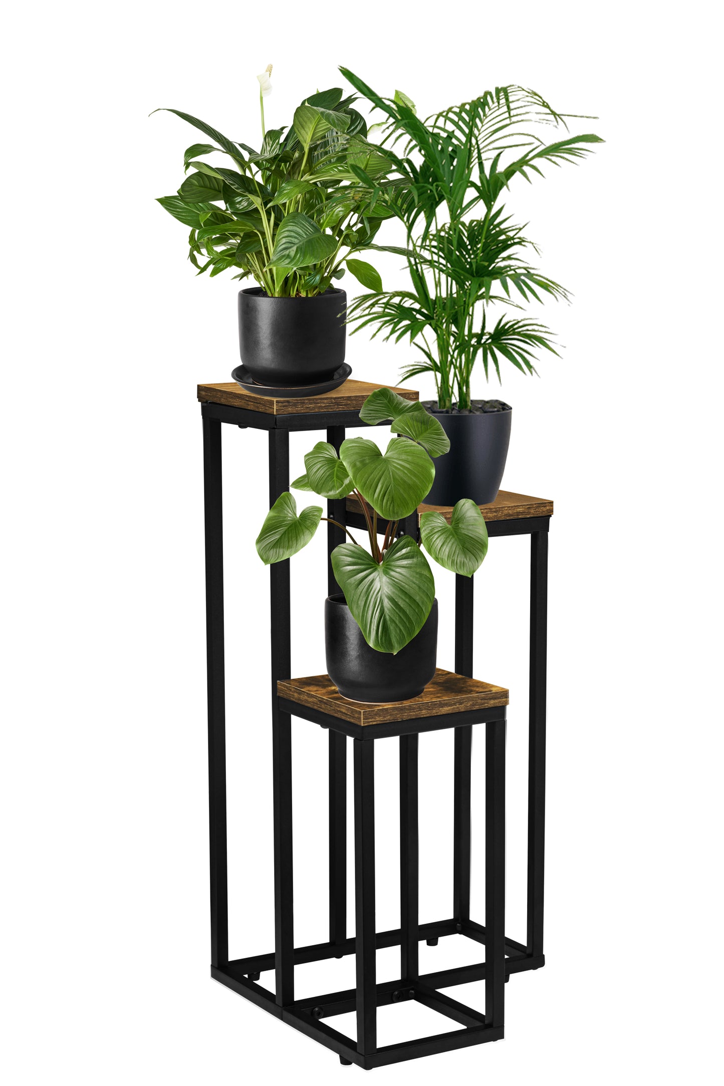 Blumenständer mit 3 Ablagen – Pflanzenregal mit schwarzem Metallgestell