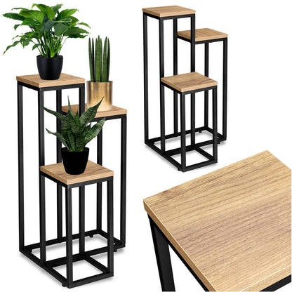 Blumenständer mit 3 Ablagen – Pflanzenregal mit schwarzem Metallgestell
