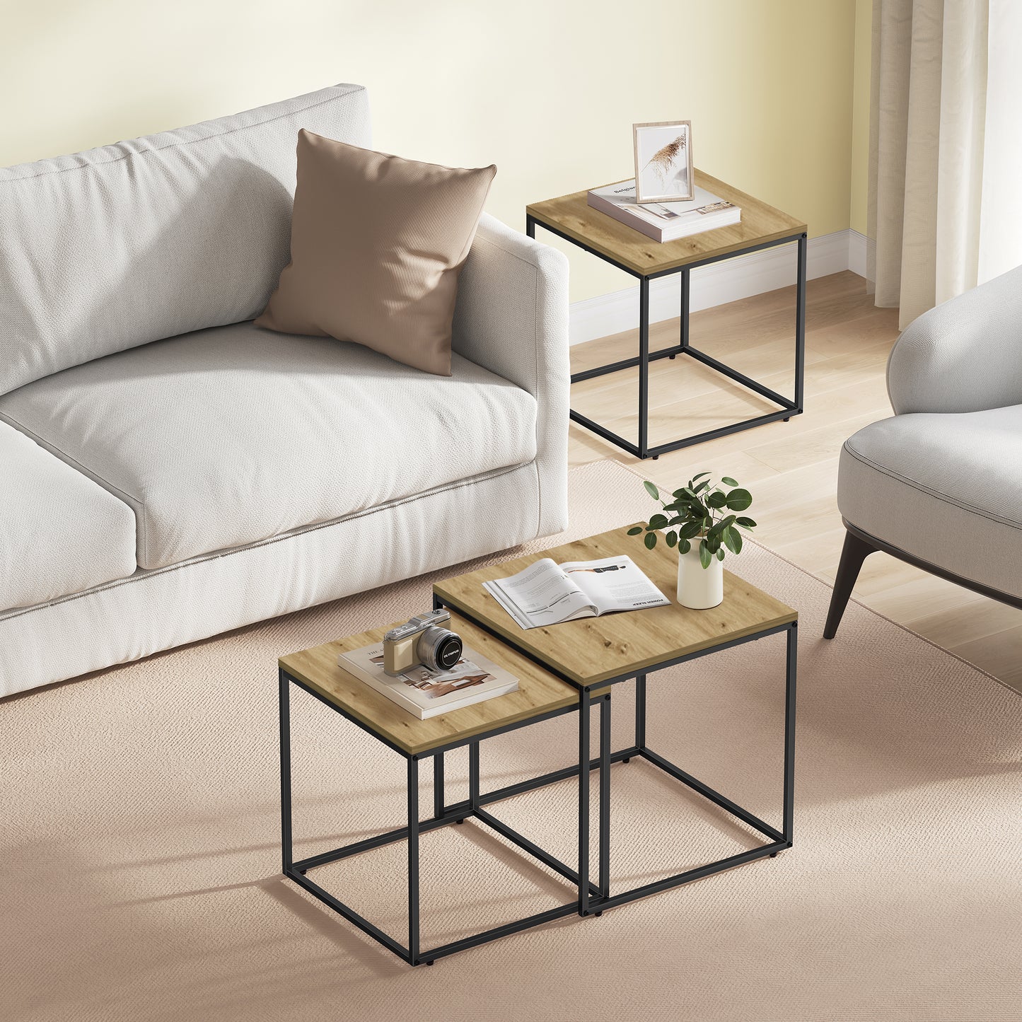 2er Set Couchtische quadratisch – moderner Wohnzimmertisch mit Metallgestell