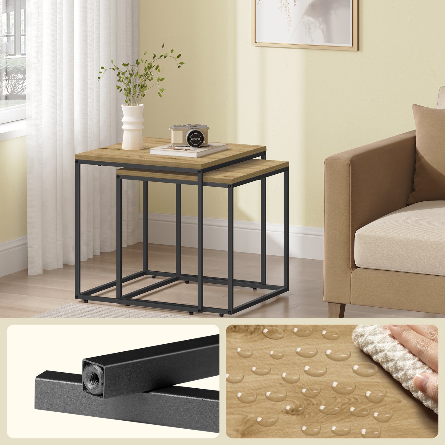 2er Set Couchtische quadratisch – moderner Wohnzimmertisch mit Metallgestell