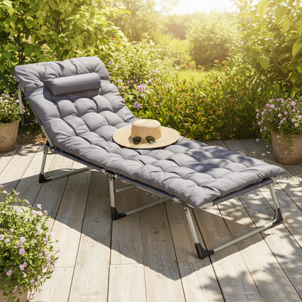 Gartenliege klappbar mit Matratze und Kissen – Grau