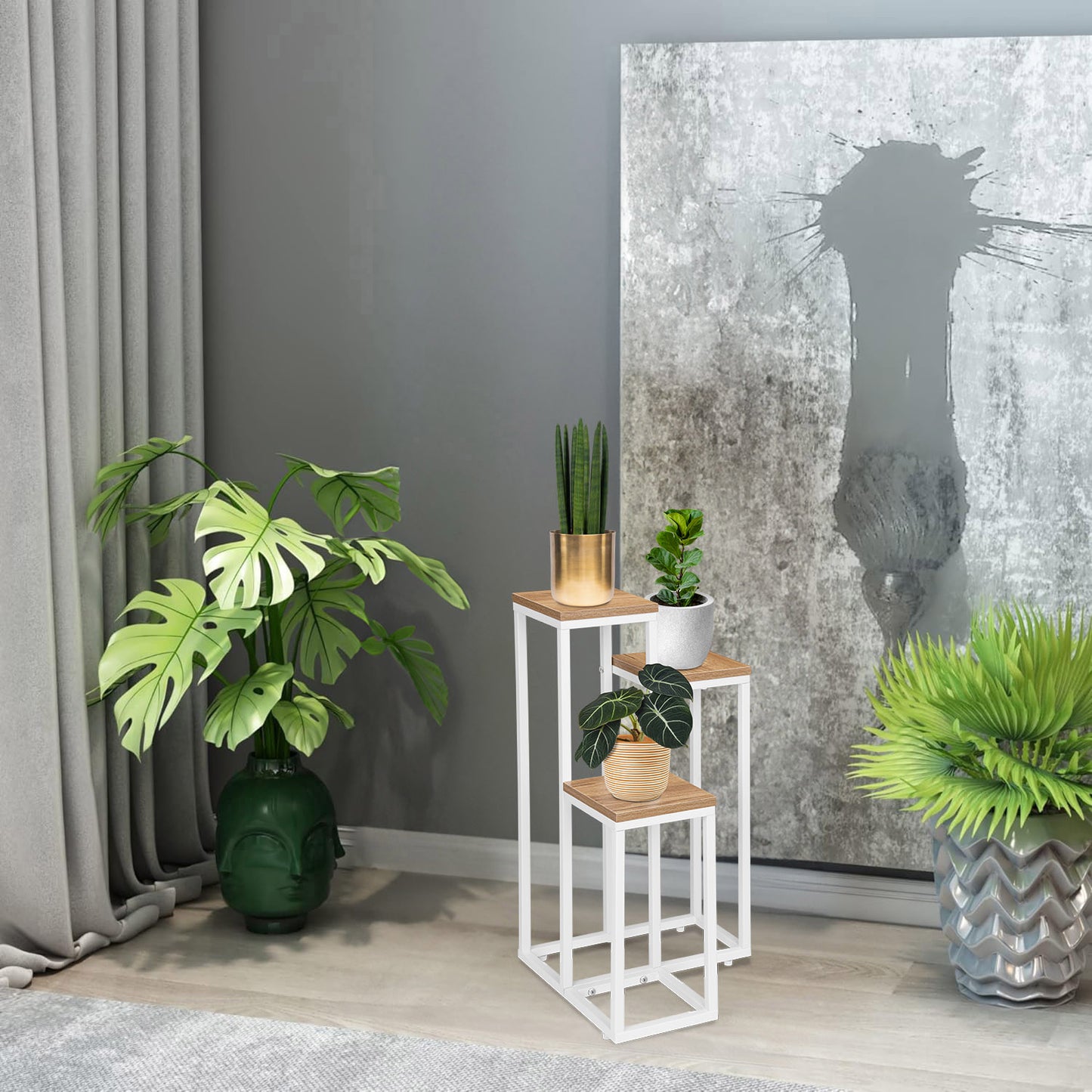 Blumenständer mit 3 Ablagen – Pflanzenregal mit schwarzem Metallgestell