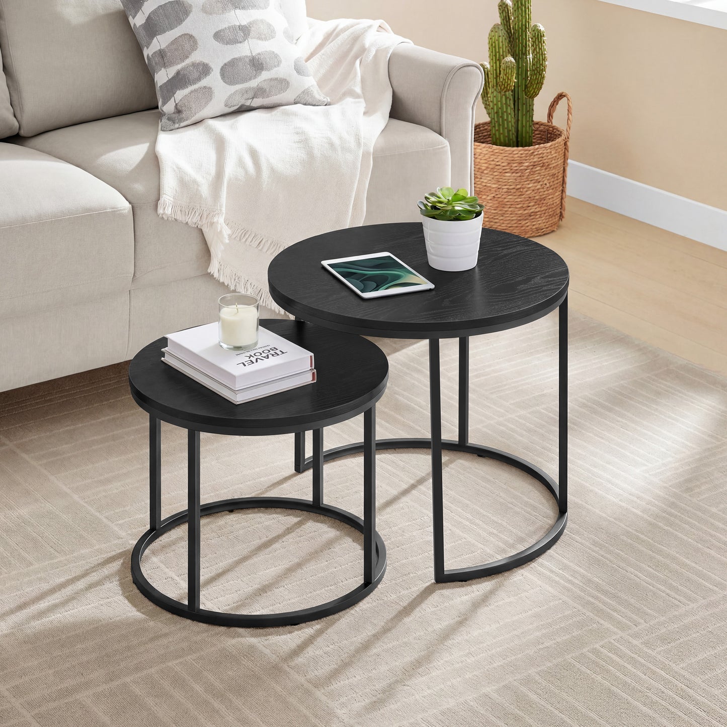 2er Set Couchtische rund – moderner Wohnzimmertisch mit Metallgestell