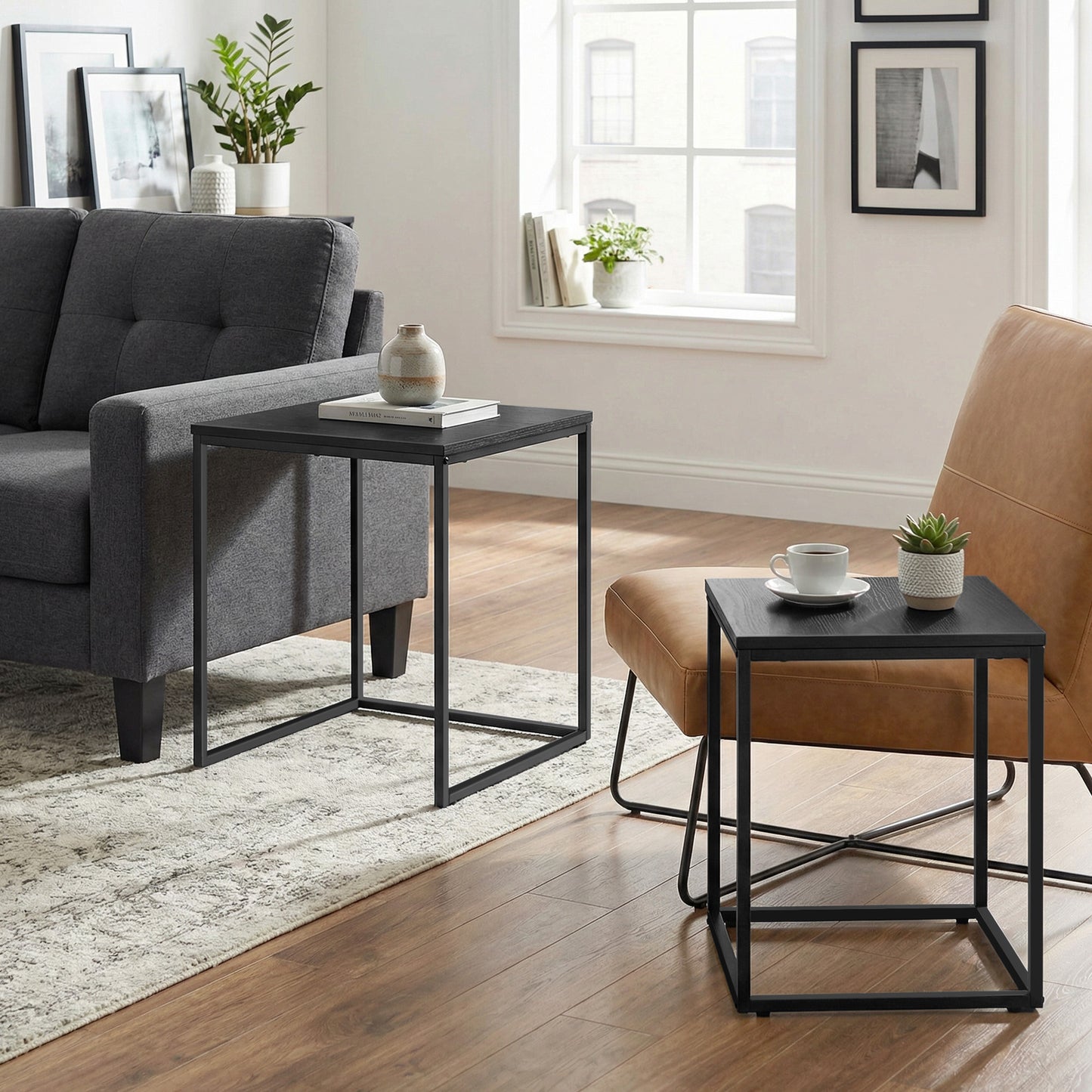 2er Set Couchtische quadratisch – moderner Wohnzimmertisch mit Metallgestell