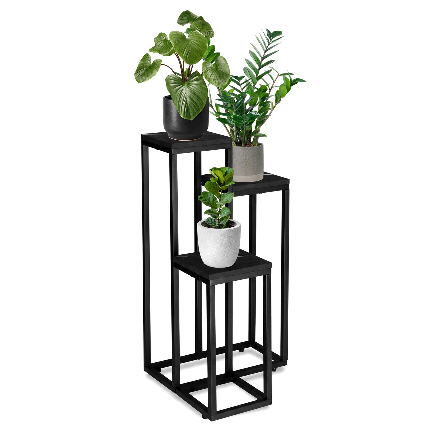 Blumenständer mit 3 Ablagen – Pflanzenregal mit schwarzem Metallgestell