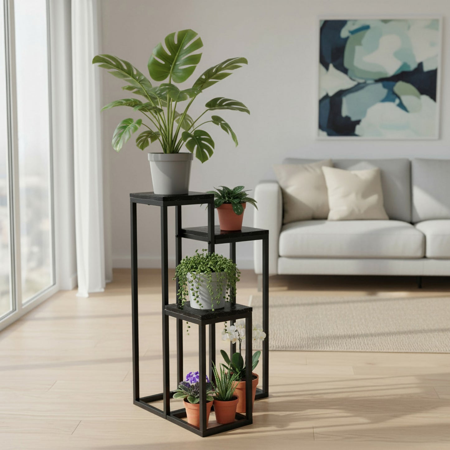 Blumenständer mit 3 Ablagen – Pflanzenregal mit schwarzem Metallgestell