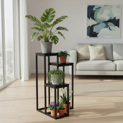 Blumenständer mit 3 Ablagen – Pflanzenregal mit schwarzem Metallgestell