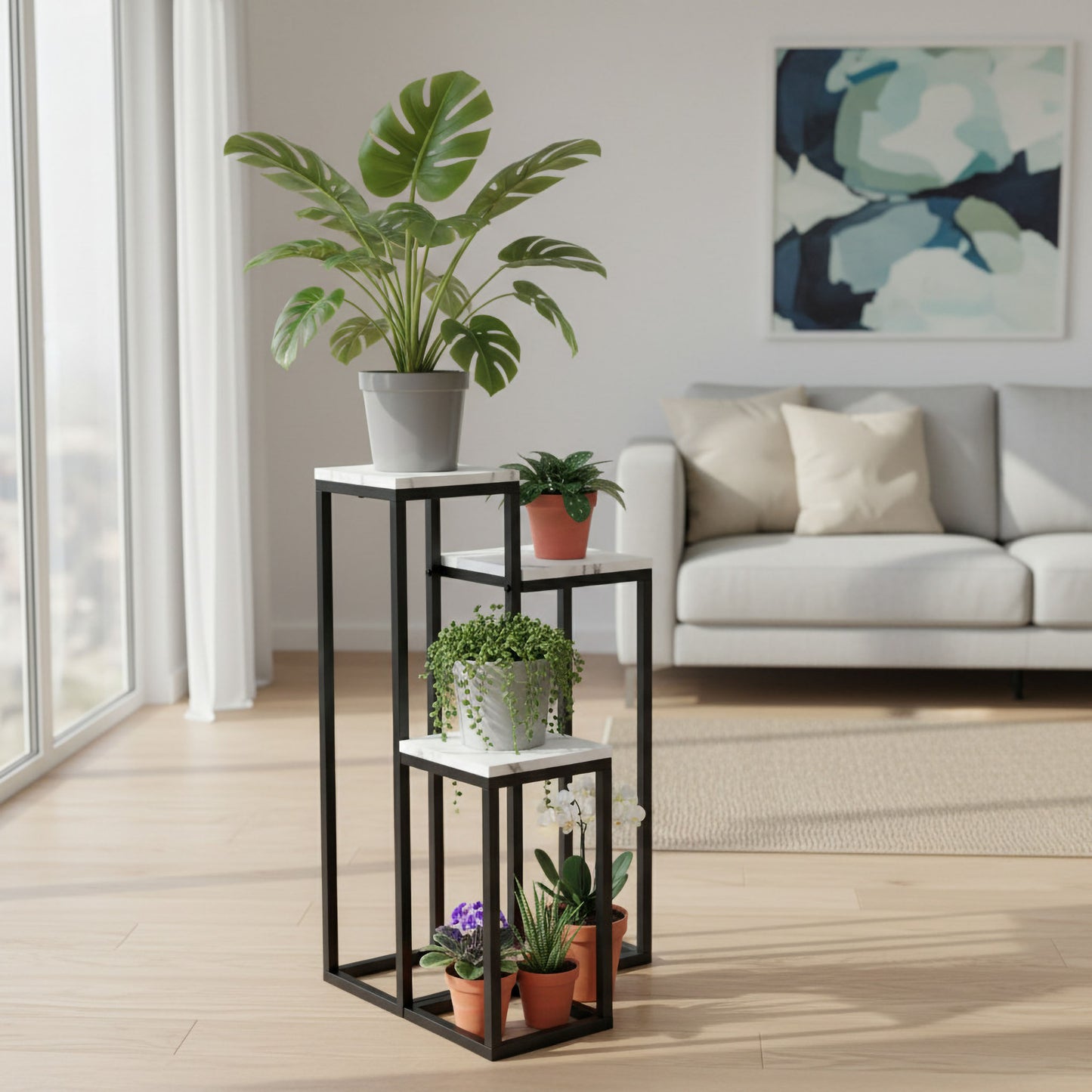 Blumenständer mit 3 Ablagen – Pflanzenregal mit schwarzem Metallgestell