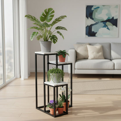 Blumenständer mit 3 Ablagen – Pflanzenregal mit schwarzem Metallgestell