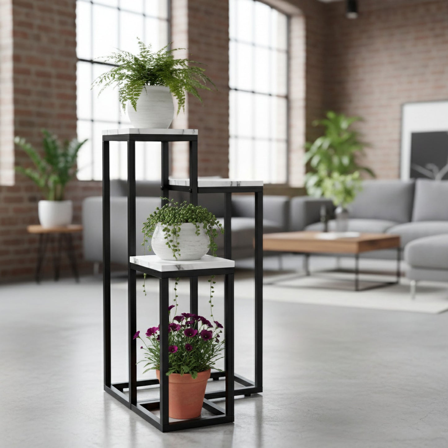 Blumenständer mit 3 Ablagen – Pflanzenregal mit schwarzem Metallgestell