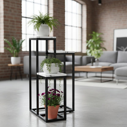 Blumenständer mit 3 Ablagen – Pflanzenregal mit schwarzem Metallgestell