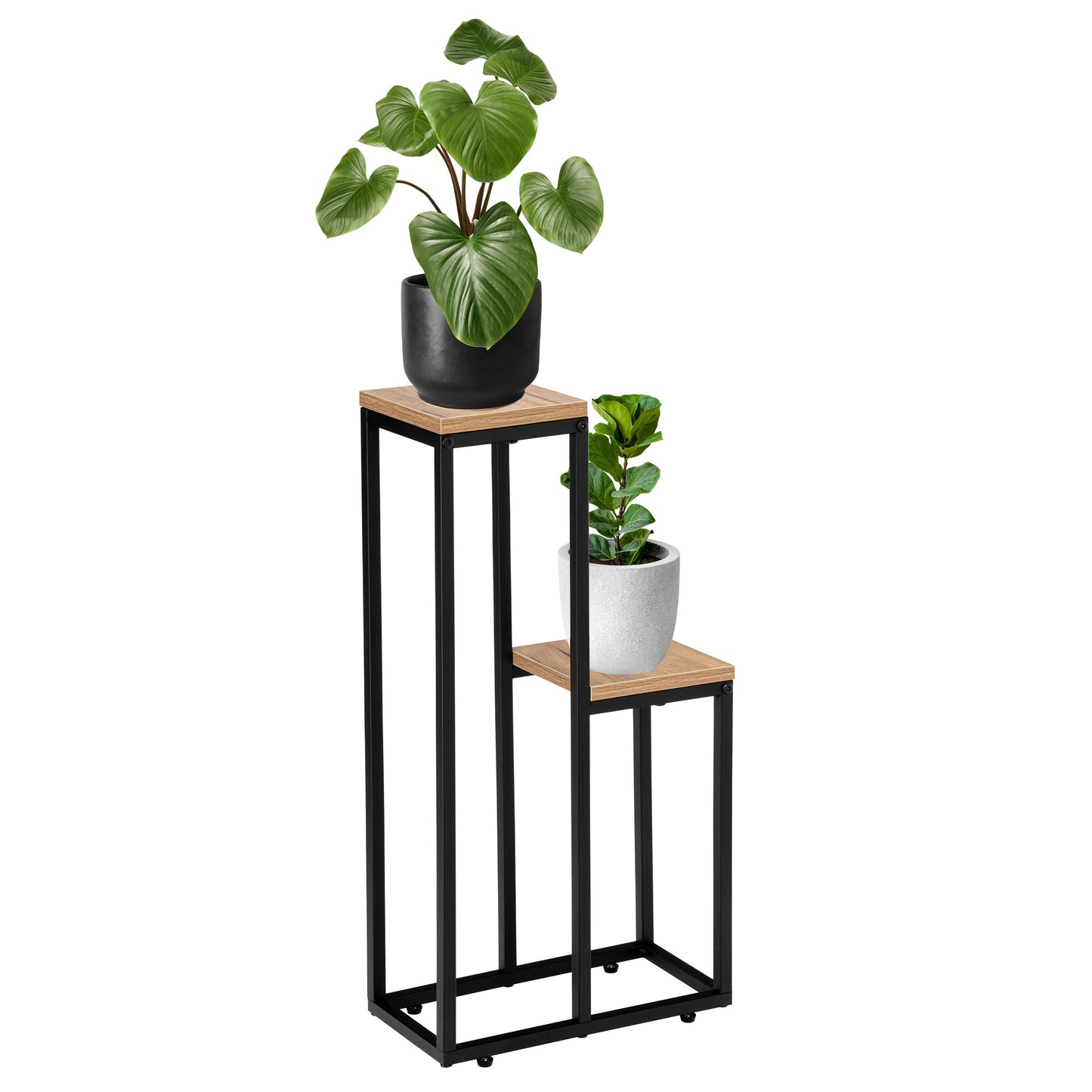 Blumenständer mit 2 Ablagen – Pflanzenregal mit schwarzem Metallgestell