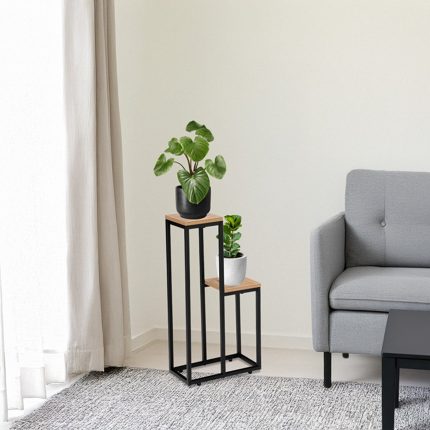 Blumenständer mit 2 Ablagen – Pflanzenregal mit schwarzem Metallgestell
