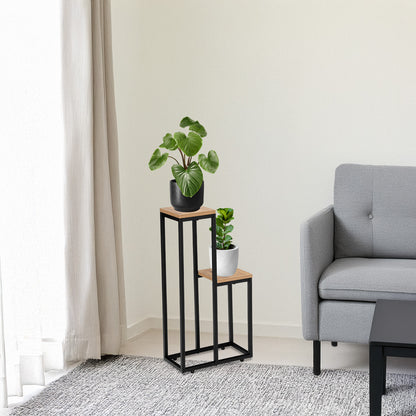 Blumenständer mit 2 Ablagen – Pflanzenregal mit schwarzem Metallgestell