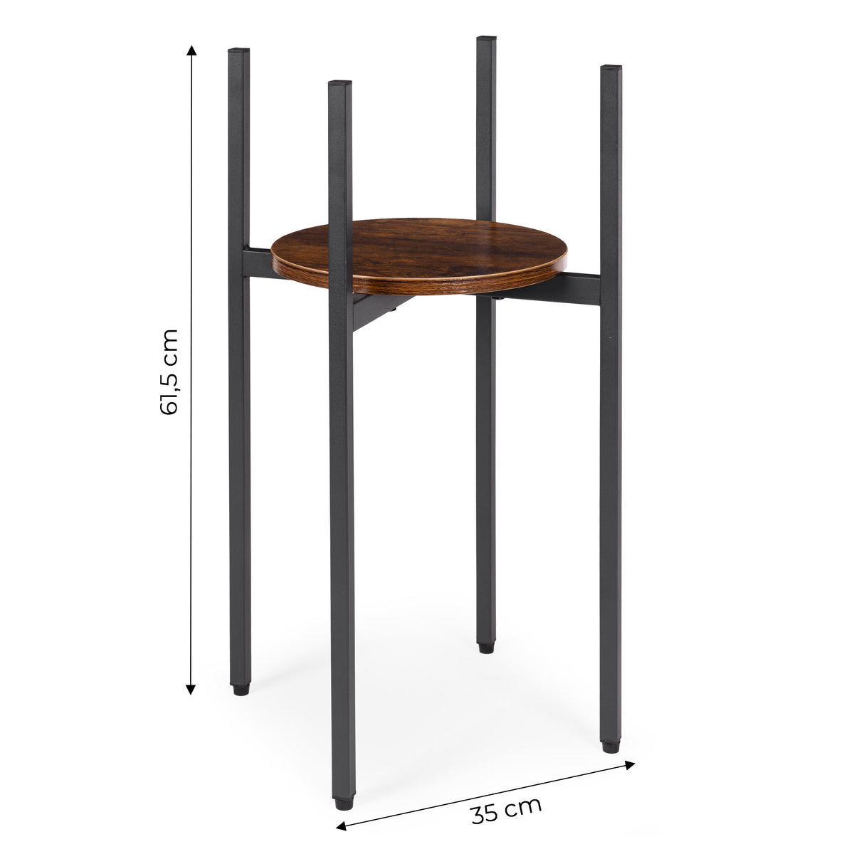 Maße: Blumenständer mit runder Ablage, Holzoptik und Metall – 61,5 cm