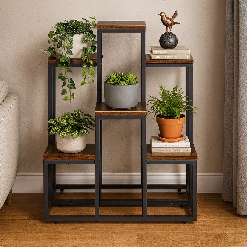 Blumenständer mit 6 Ablagen, 67 cm, Holzoptik und Stahl