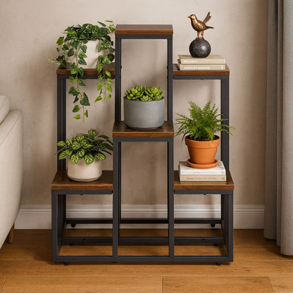 Blumenständer mit 6 Ablagen, 67 cm, Holzoptik und Stahl