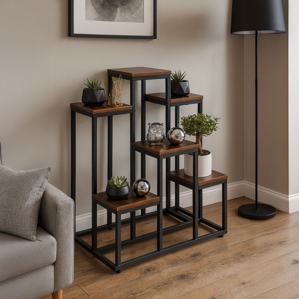 Blumenständer mit 6 Ablagen, 67 cm, Holzoptik und Stahl