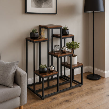 Blumenständer mit 6 Ablagen, 67 cm, Holzoptik und Stahl