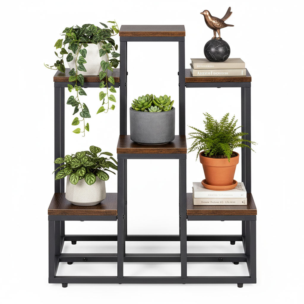 Blumenständer mit 6 Ablagen, 67 cm, Holzoptik und Stahl