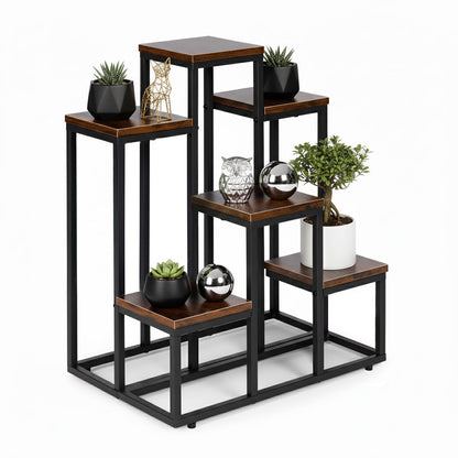 Blumenständer mit 6 Ablagen, 67 cm, Holzoptik und Stahl