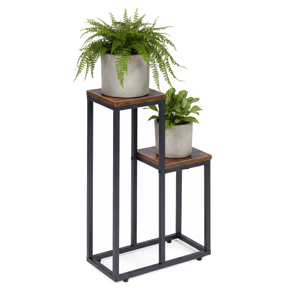 Blumenständer mit 2 Ablagen, 67 cm, Holzoptik und Stahl