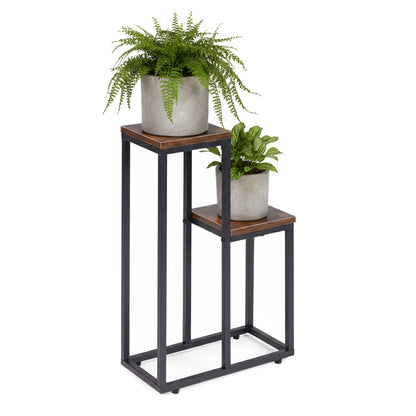 Blumenständer mit 2 Ablagen, 67 cm, Holzoptik und Stahl
