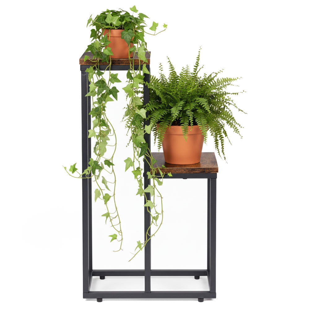 Blumenständer mit 2 Ablagen, 67 cm, Holzoptik und Stahl