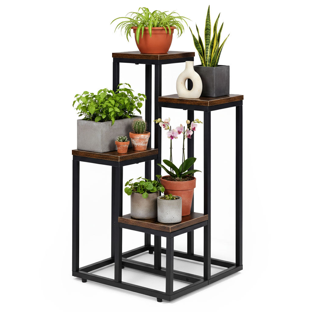 Blumenständer mit 4 Ablagen, 67 cm, Holzoptik und Stahl
