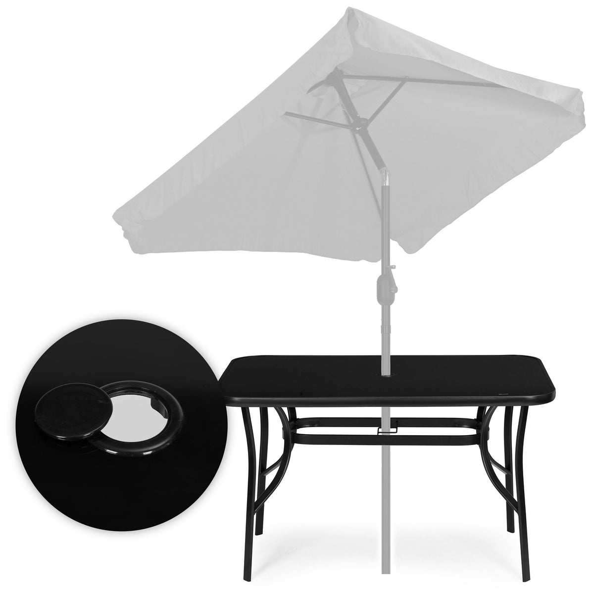 Gartentisch mit Hartglasplatte und Schirmloch, 120 × 70 cm
