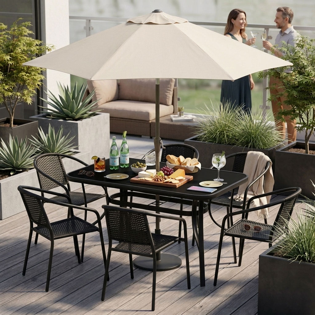 Gartentisch mit Hartglasplatte und Schirmloch, 120 × 70 cm