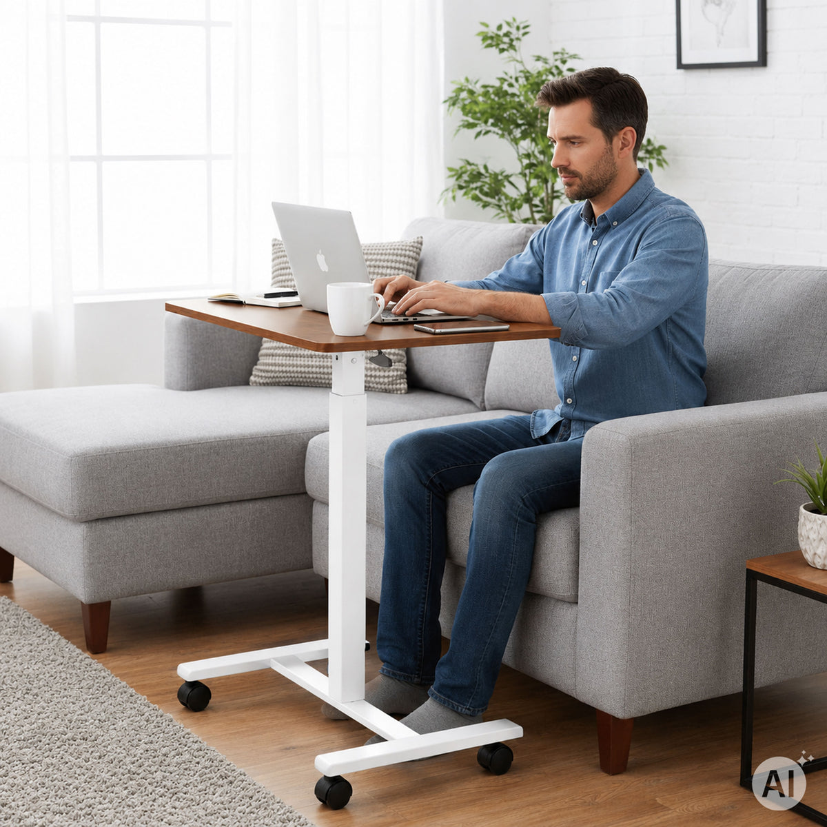 Laptoptisch MILO, höhenverstellbar mit Rollen – Holzoptik / Weiß – Ansicht 3