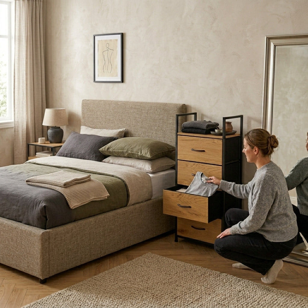 Schmale Kommode mit Stoffschubladen – 4 Schubladen – 101,5 cm