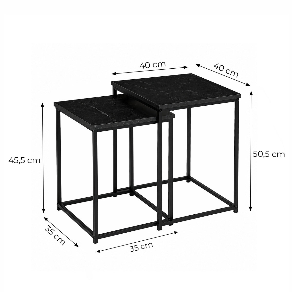 Maße: Beistelltische quadratisch, 2er-Set – Schwarze Marmoroptik