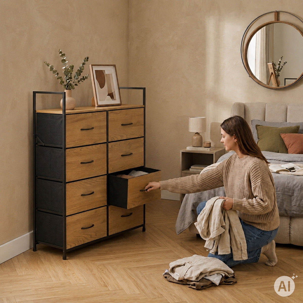 Kommode mit Stoffschubladen, 80 cm breit – 8 Schubladen – 107 cm